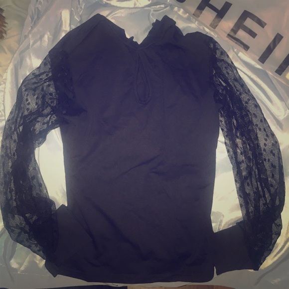 Keyhole Neck Dobby Mesh Sleeve Top - Picture 2 of 2